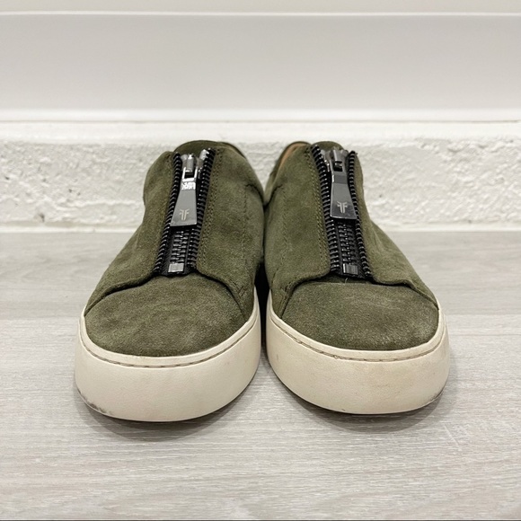 Frye Lena Slip-On Low Top Sneakers Green Suede Zip Front Platform Size 7 - Picture 2 of 9